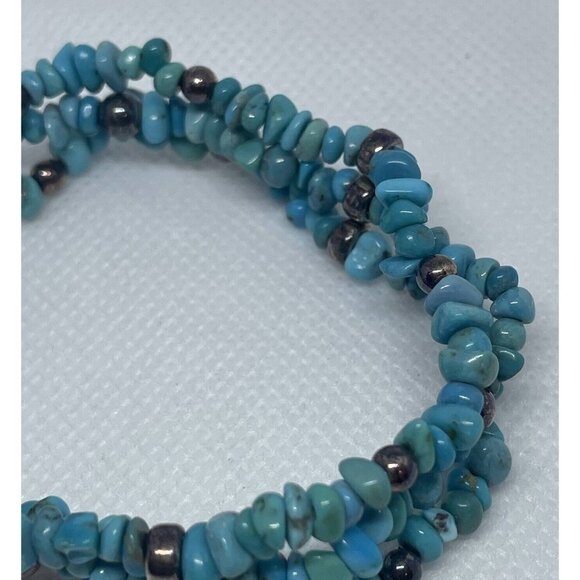 925 Sterling Silver Turquoise Colored Gemstone Chips 3 Stand Bracelet Marked R - Picture 4 of 6